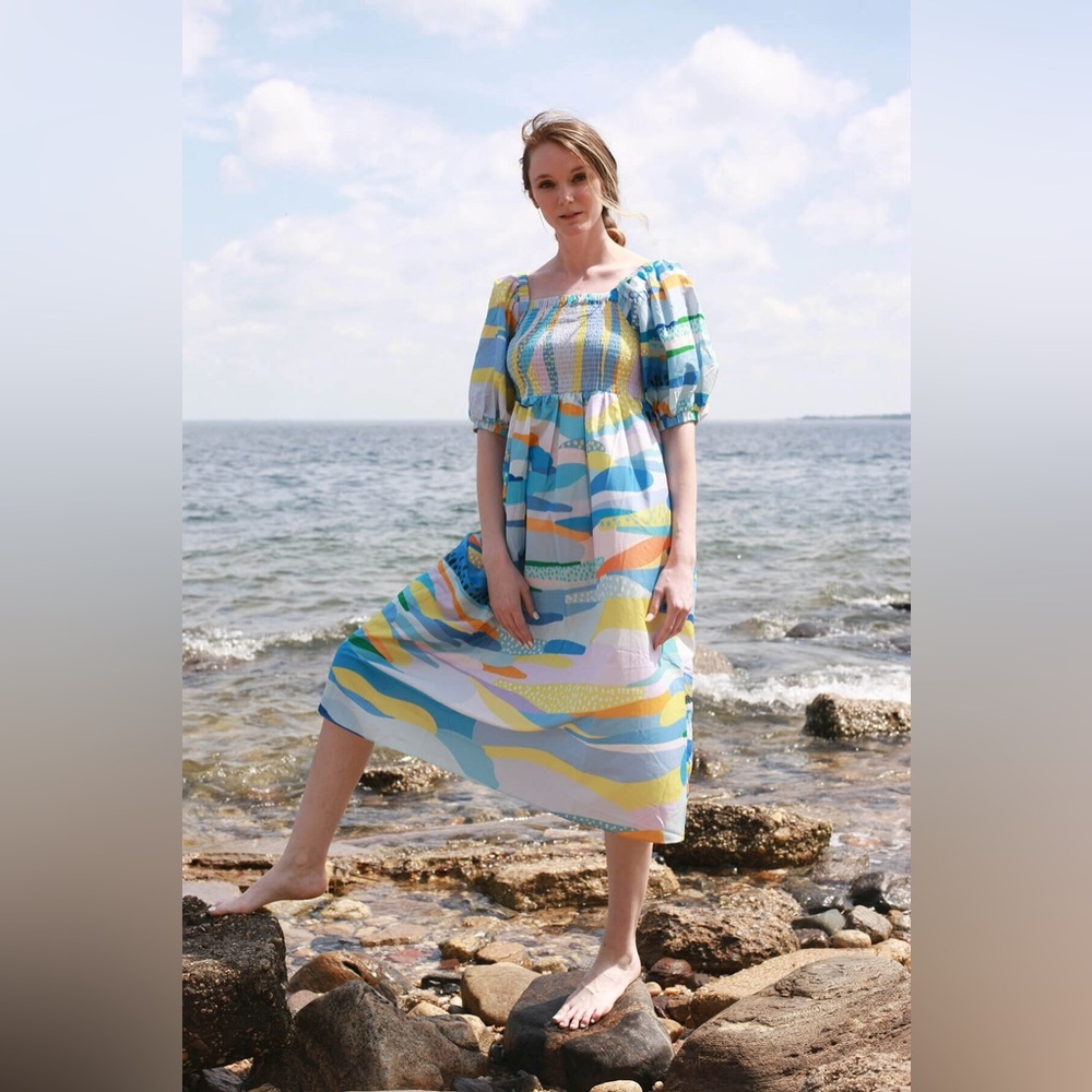 Jessie Zhao New York Landscape Smocked Cotton Silk Dress